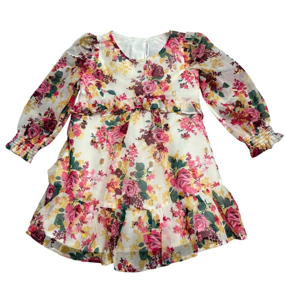 Janie and Jack Floral Dress Toddler Girls 2T Multi-Color Gold Metallic Lurex